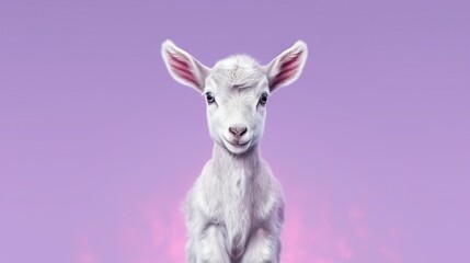  a white goat with pink ears standing on a purple background.  generative ai