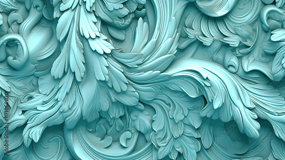 Poster a blue background with a pattern of leaves and swirls. generative ai
