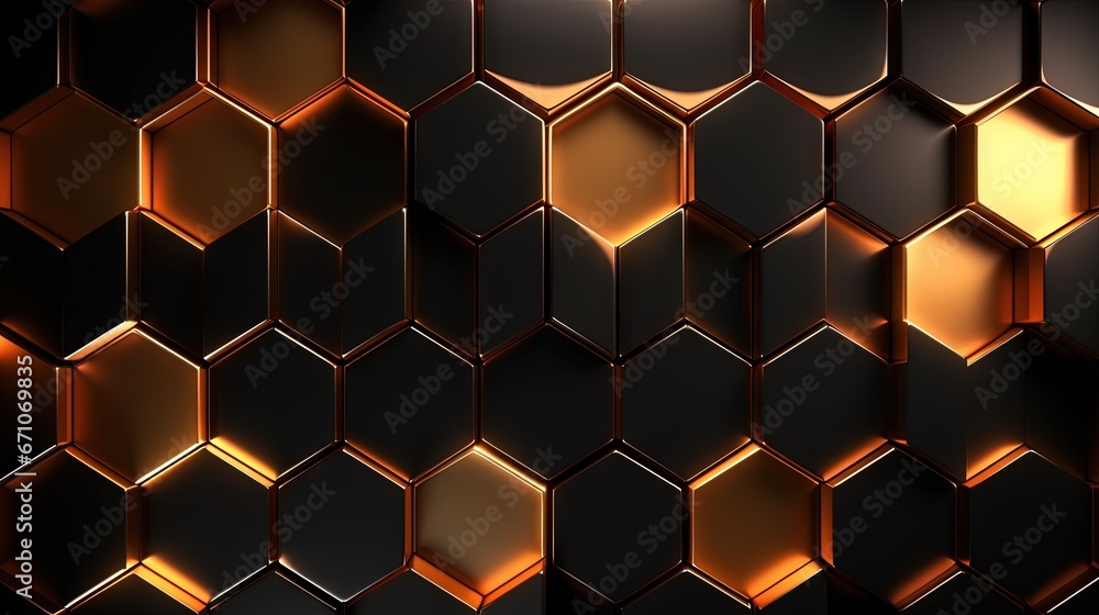 Poster a black and gold hexagonal background with a light. generative ai