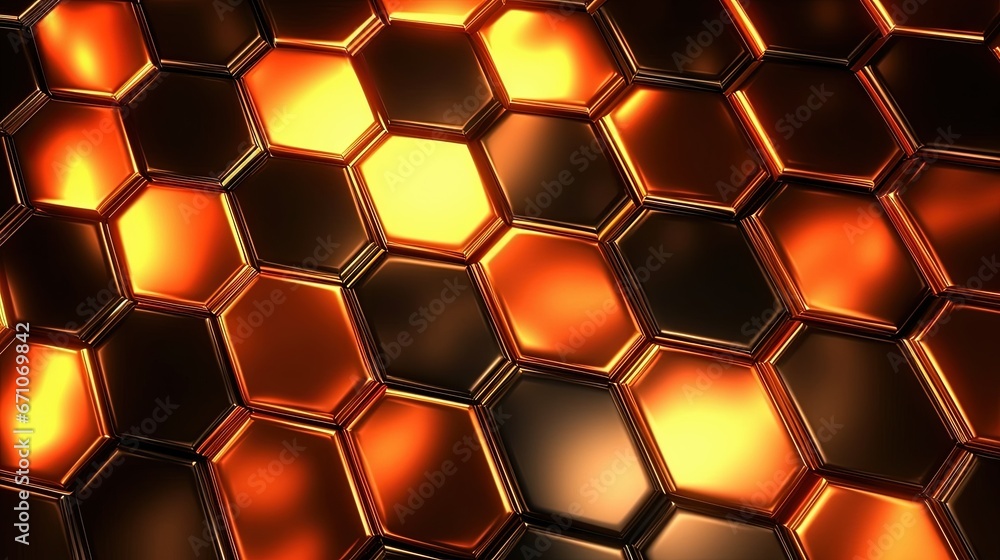 Poster a close up view of a hexagonal pattern of orange and brown. generative ai