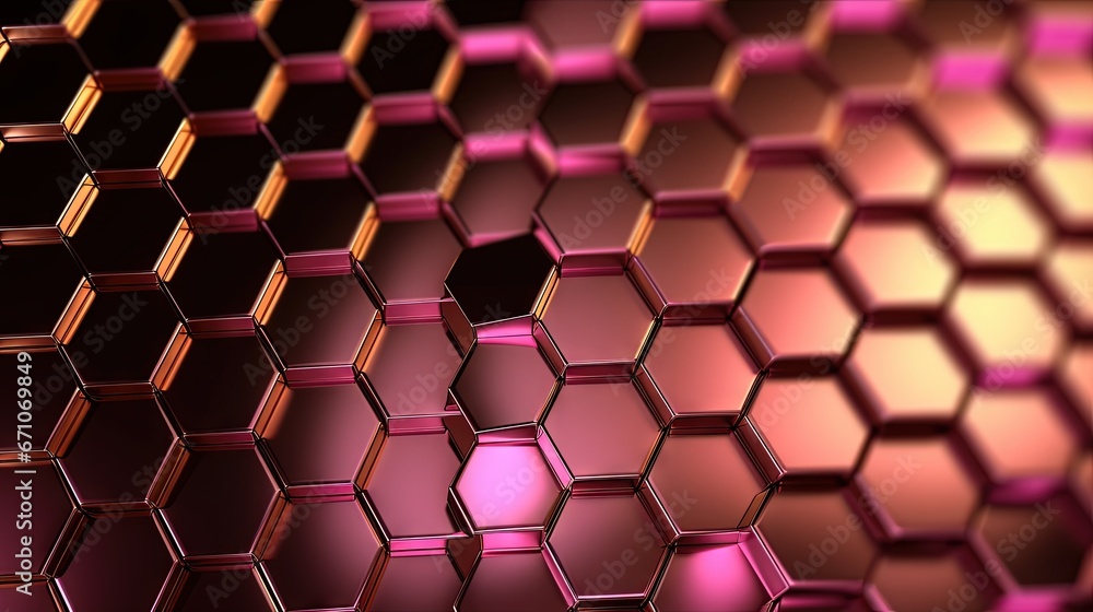 Poster a close up view of a hexagonal pattern of pink and gold. generative ai