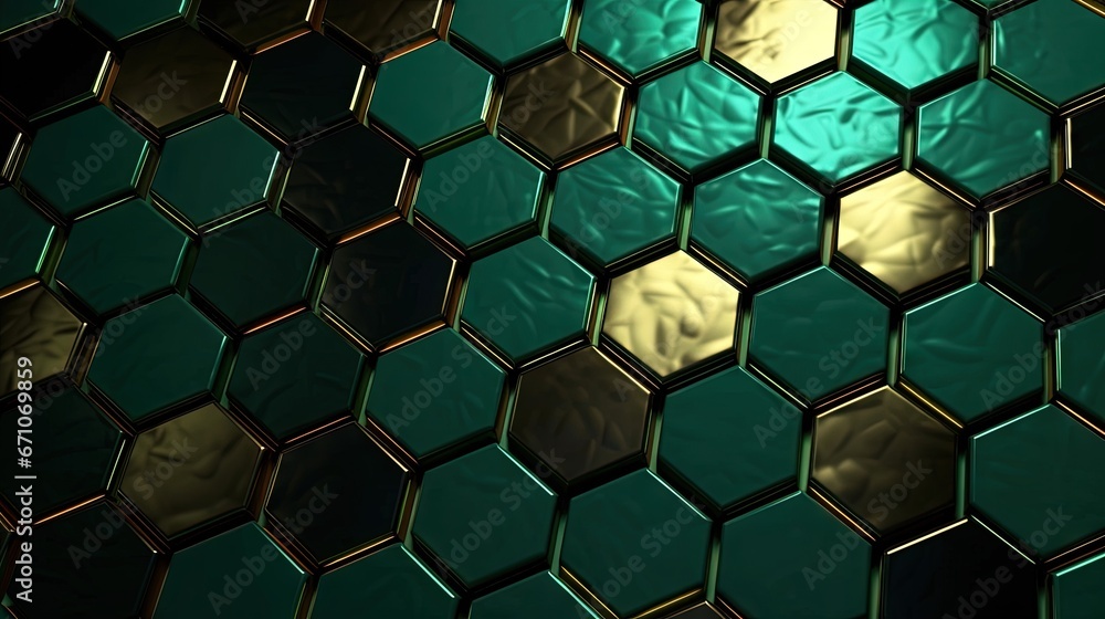 Poster a close up of a green and gold hexagonal pattern. generative ai