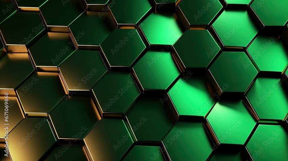 Poster a green and gold hexagonal background with a black background. generative ai