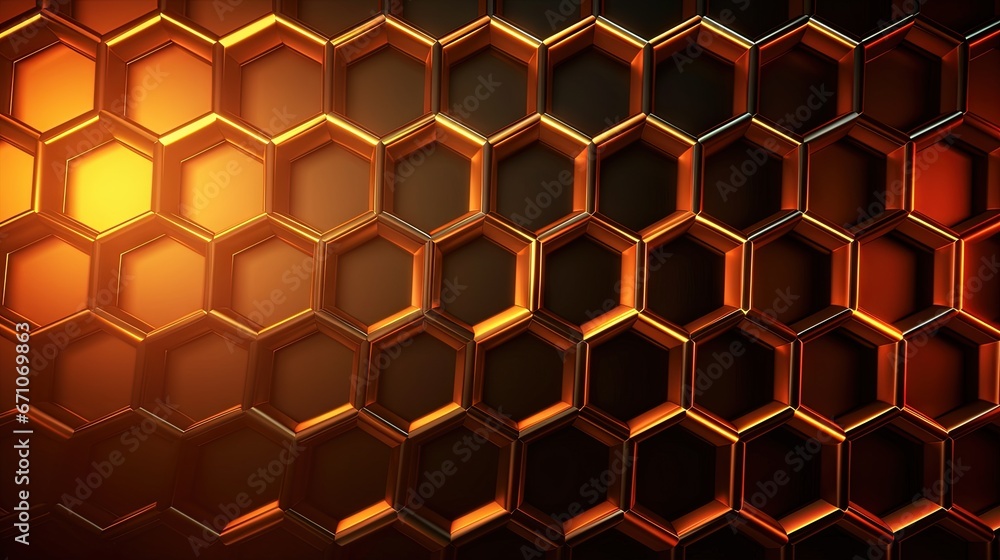 Poster an abstract background of hexagonal shapes in orange and yellow. generative ai