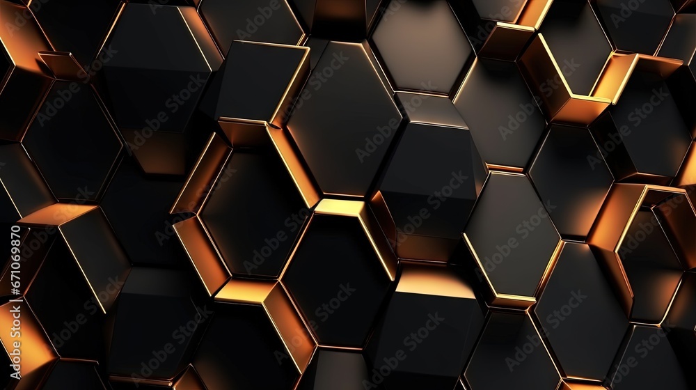 Poster a black and gold hexagonal background with a lot of hexagons. generative ai