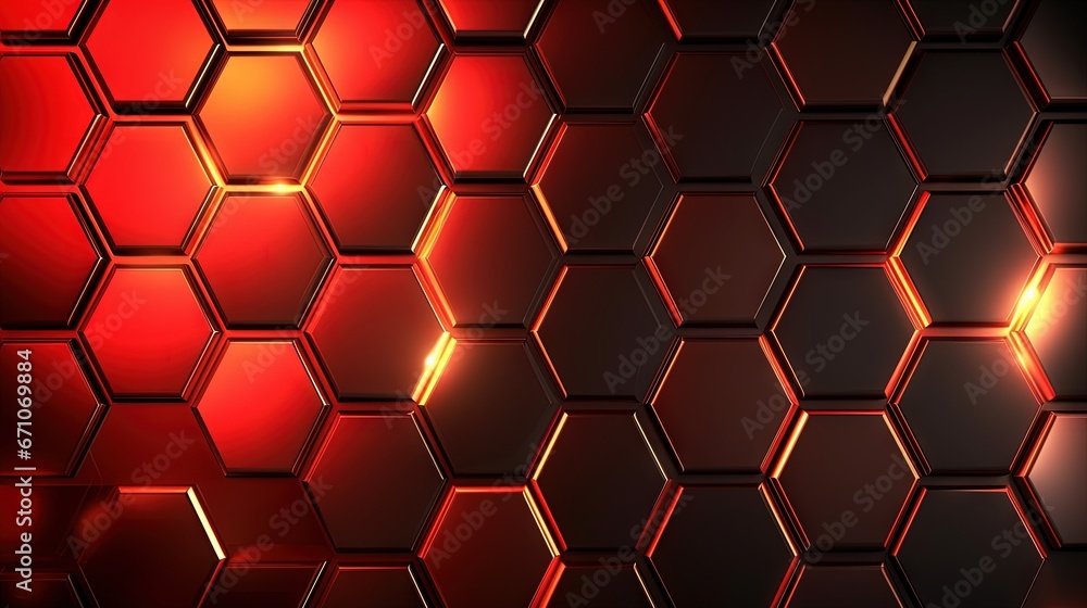 Poster a red and black background with hexagonal shapes and lights. generative ai