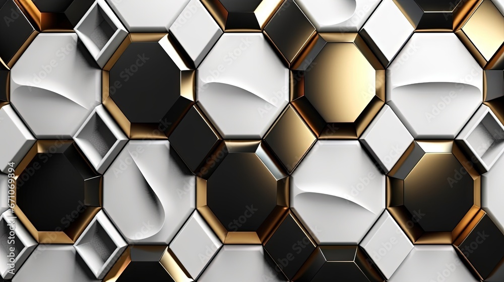 Poster an abstract background with metallic hexagonals and gold accents. generative ai
