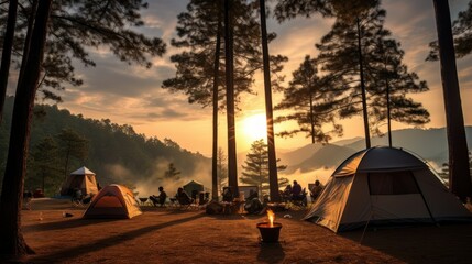 Camping and tenting under a pine forest at sunset in northern Thailand.