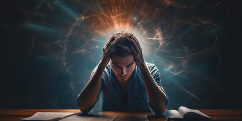 Student looking highly stressed with AI imagery of brain activity  - obrazy, fototapety, plakaty