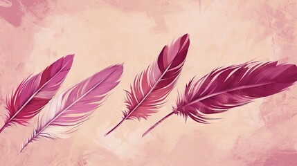  three feathers of different colors on a pink and pink background.  generative ai