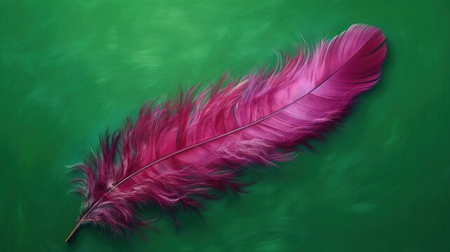 a pink feather floating on top of a green water surface.  generative ai