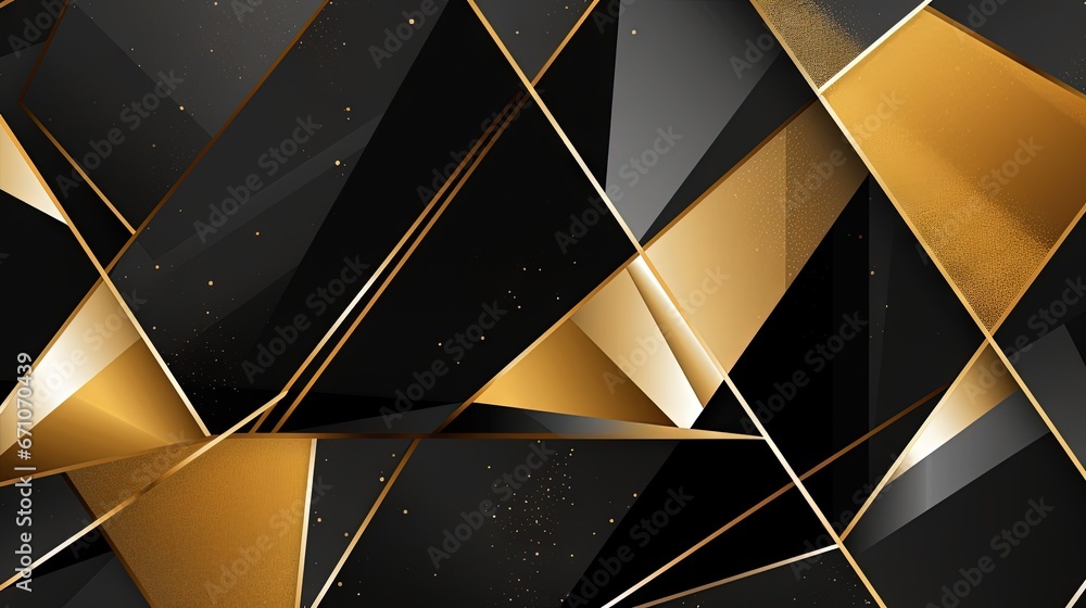 Poster a black and gold abstract background with gold lines and triangles. generative ai