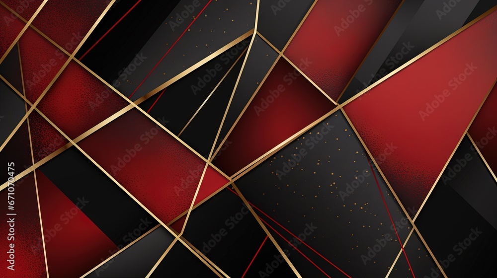 Poster a black and red abstract background with gold lines and dots. generative ai