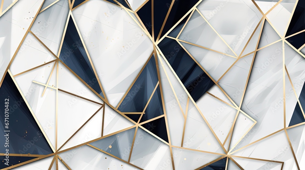 Poster an abstract background with gold and black lines and triangles on a white background. generative ai