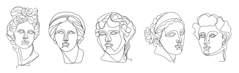 Greek sculptures. Vector set of one line art illustrations.