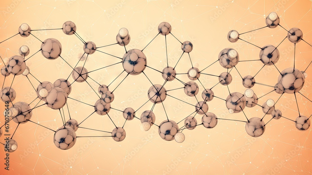 Poster a group of spheres connected to each other on an orange background. generative ai