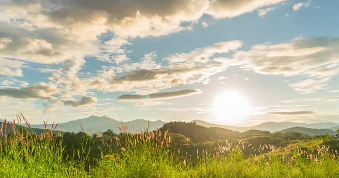 Timelapse Beautiful landscape mountain green field grass meadow white cloud blue sky sunny day. Time lapse Majestic green scenery big mountain hill cloudscape valley panorama countryside nature view