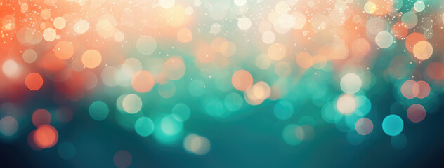 Abstract blur bokeh banner background. Silver bokeh on defocused teal green and coral colors background