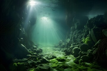 scene of deep sea seaweed with light shines on the water