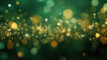 Poster Abstract blur bokeh banner background. Gold bokeh on defocused emerald green background © vejaa