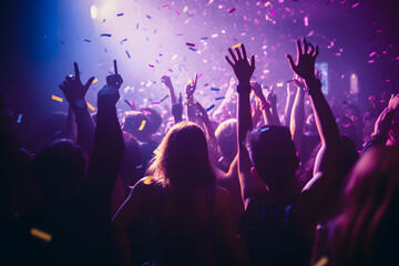 Fototapeta na wymiar Close up photo of many party people dancing purple lights confetti flying everywhere nightclub event hands raised up wear shiny clothes