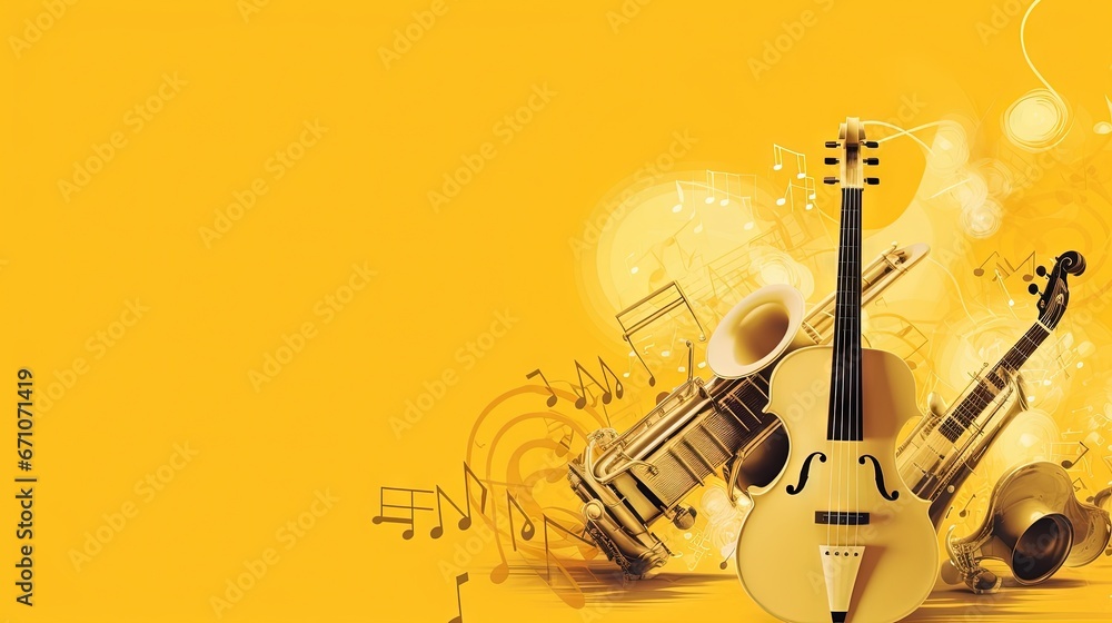 Poster a violin and musical notes on a yellow background with music notes. generative ai