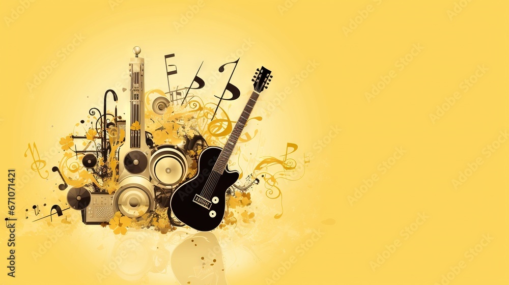 Poster a yellow background with musical instruments and musical notes on it. generative ai