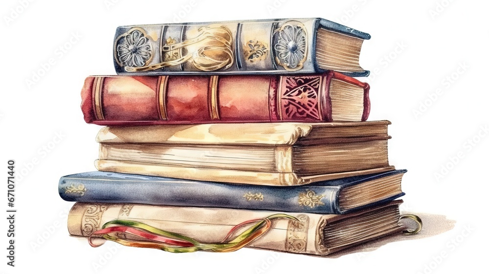 Poster a drawing of a stack of books with a clock on top. generative ai