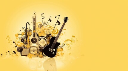  a yellow background with musical instruments and musical notes on it.  generative ai