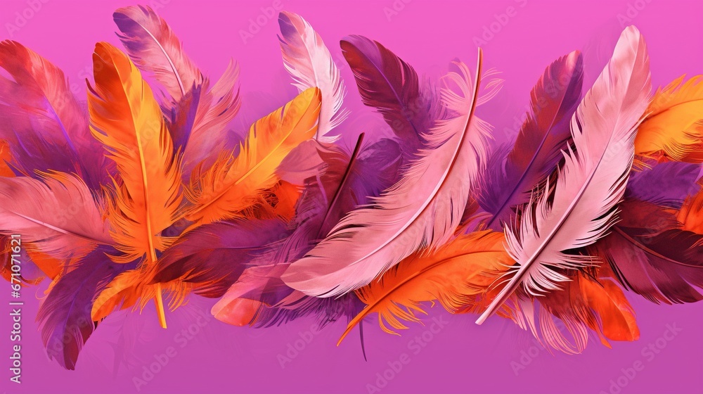 Poster a group of colorful feathers on a pink background with space for text. generative ai