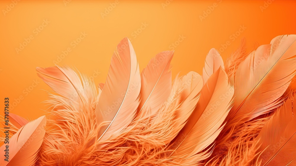 Poster a close up of a group of feathers on an orange background. generative ai
