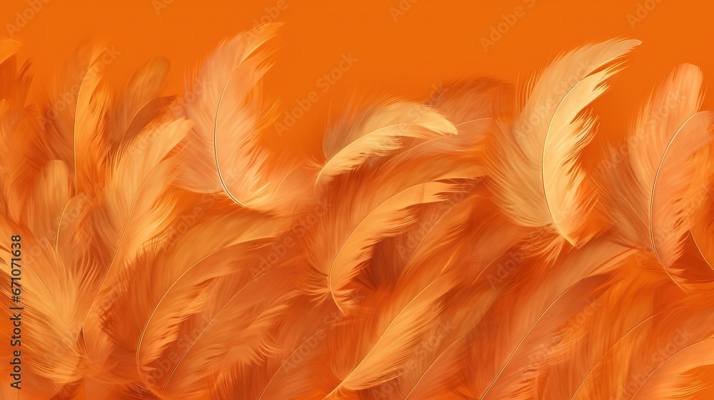 Poster a bunch of orange feathers on an orange background with space for text. generative ai