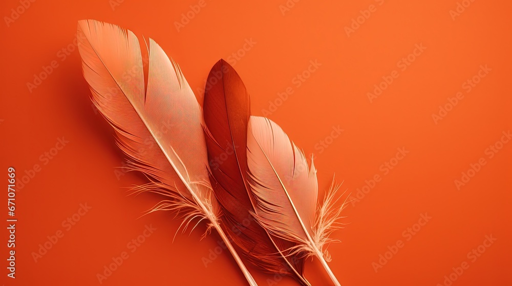 Aufkleber two feathers on an orange background with a red background behind them. generative ai