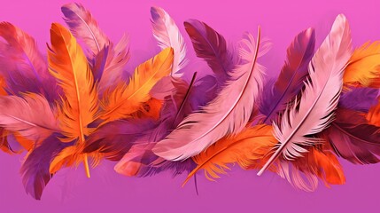  a group of colorful feathers on a pink background with space for text.  generative ai