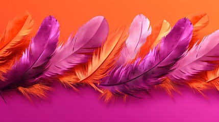  a row of colorful feathers on a pink and orange background.  generative ai