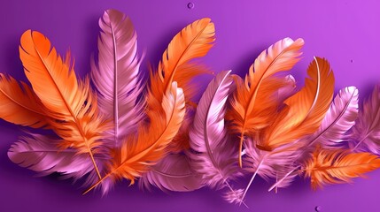  a group of orange and pink feathers on a purple background.  generative ai