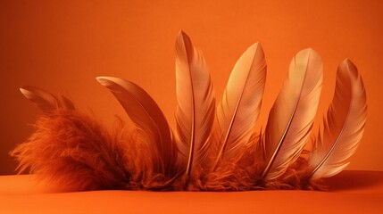  a group of feathers sitting on top of an orange surface.  generative ai