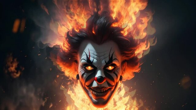 scary clown on fire video animation, seamless looping video animated background