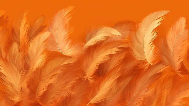  a bunch of orange feathers on an orange background with space for text.  generative ai
