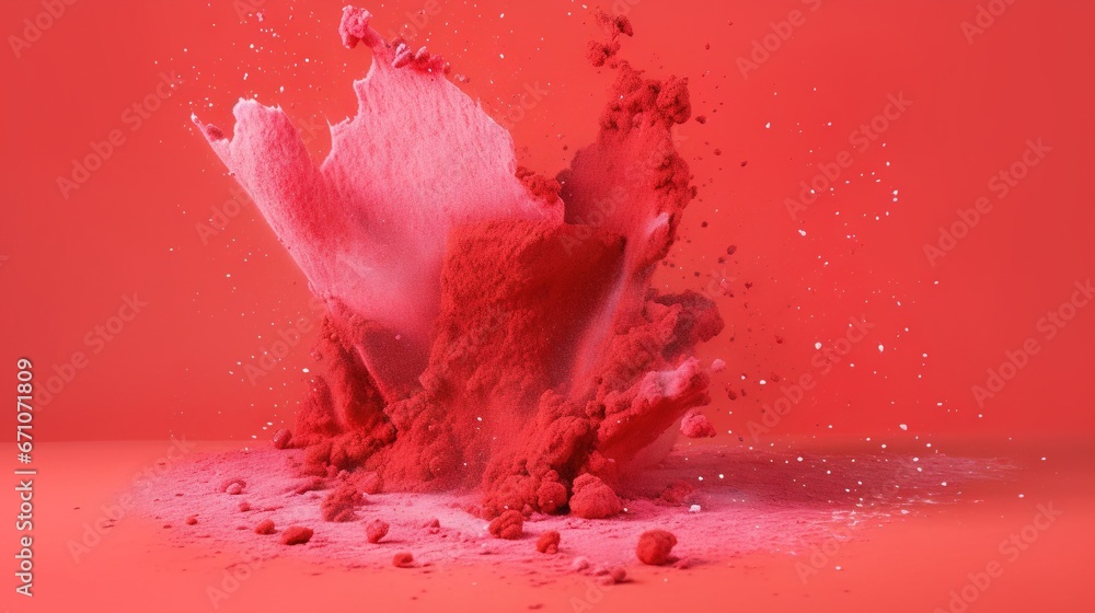 Aufkleber a red powder explosion on a red background with a splash of water. generative ai