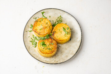 Potato fondant on a light background, top view, free space.