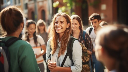 Obraz premium photograph of Travel, education and a teacher with students on school field trip.