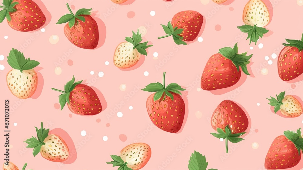 Poster  a pattern of strawberries on a pink background with polka dots.  generative ai