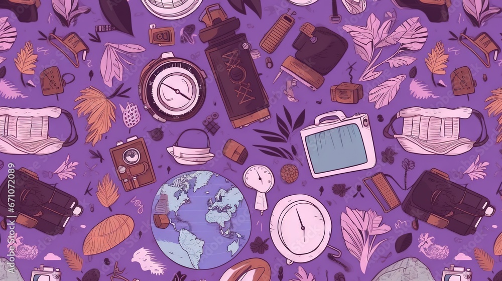 Poster a purple background with a bunch of different things on it. generative ai