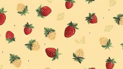 Fototapeta na wymiar a pattern of strawberries on a yellow background with green leaves. generative ai