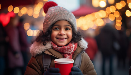 Happy young girl enjoying hot drink at a foreign Christmas market
