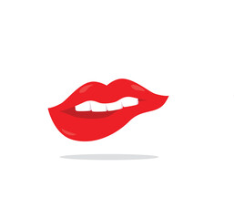 Red female lips collection. Woman lip expressed differernt emotion set. Biting, Smile, Kiss, Beauty concept. Trendy isolated background. Modern pop art style, Simple flat vector design illustration.