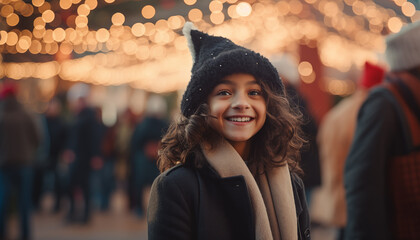 Happy young girl enjoying hot drink at a foreign Christmas market