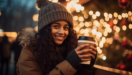 Happy young girl enjoying a hot drink at a foreign Christmas market