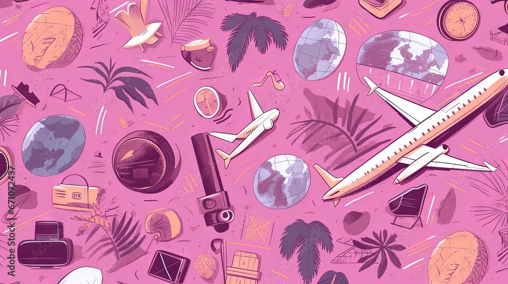 Poster a pink background with a plane and various objects on it. generative ai